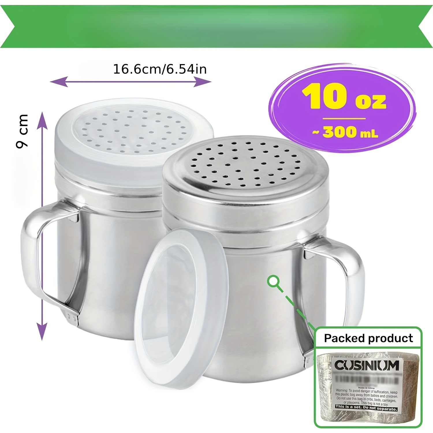 Astonishing Set of 2 Stainless Steel Salt And Pepper Dispensers with Handles - 10 Ounces, Medium Design, Seasoning Containers Featuring Holes And Lids for Kitchen Application. 2 Astonishing Set of 2 Stainless Steel Salt And Pepper Dispensers with Handles - 10 Ounces, Medium Design, Seasoning Containers Featuring Holes And Lids for Kitchen Application. - Image 2