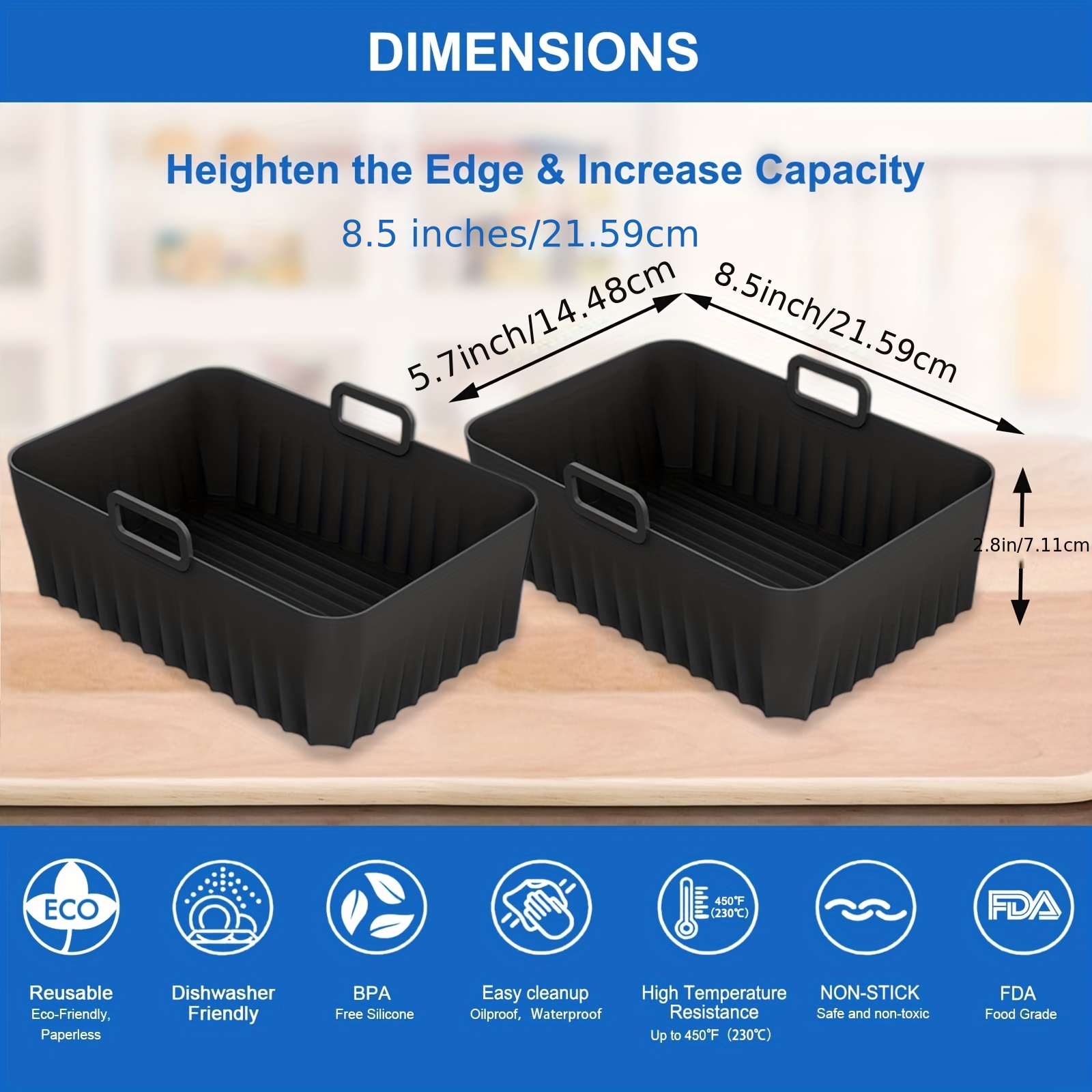 Rectangle 8 Inch 2 Pack Silicone Air Fryer Liners Pot, Silicone