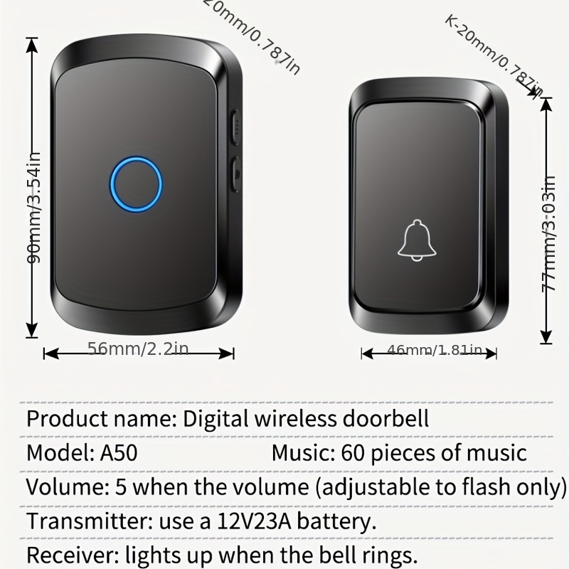 TECKNET Wireless Doorbell，Waterproof Door Bell Chime Kit with 1300 Fee