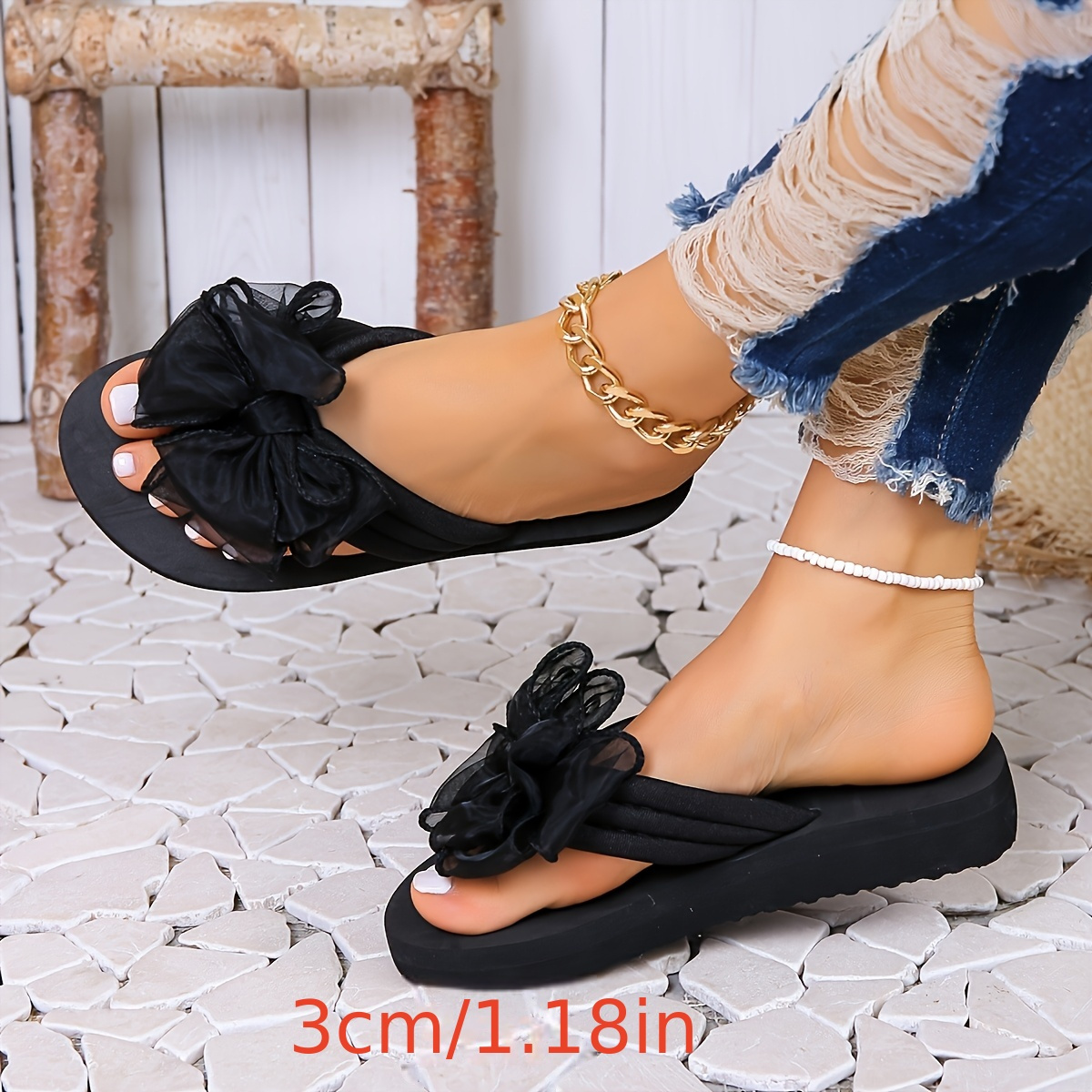 Women's Black White Bow Slip-On Mules Thick Sole Beach, Low Heel  Casual Shoes for Pool, Vacation, Resort Wear Fabric