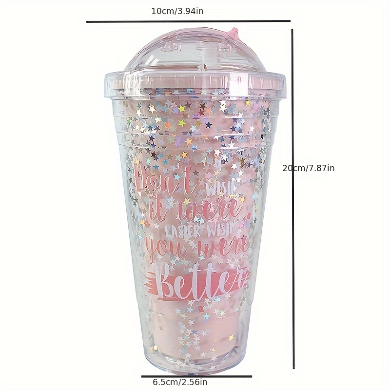 550ml Rainbow Plastic Water Bottle Double Layer Sequins Drinking Cup With  Straw Women Girl Gift