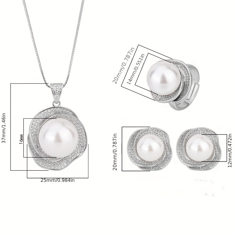 Rhinestone & Pearl Ring Earrings Necklace Set