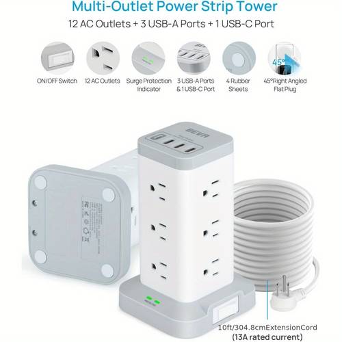 power strip tower with usb ports 16in 1 protector tower 12 ac and 4usb ports 10ft extension cord with multiple outlets charging station for office supplies white