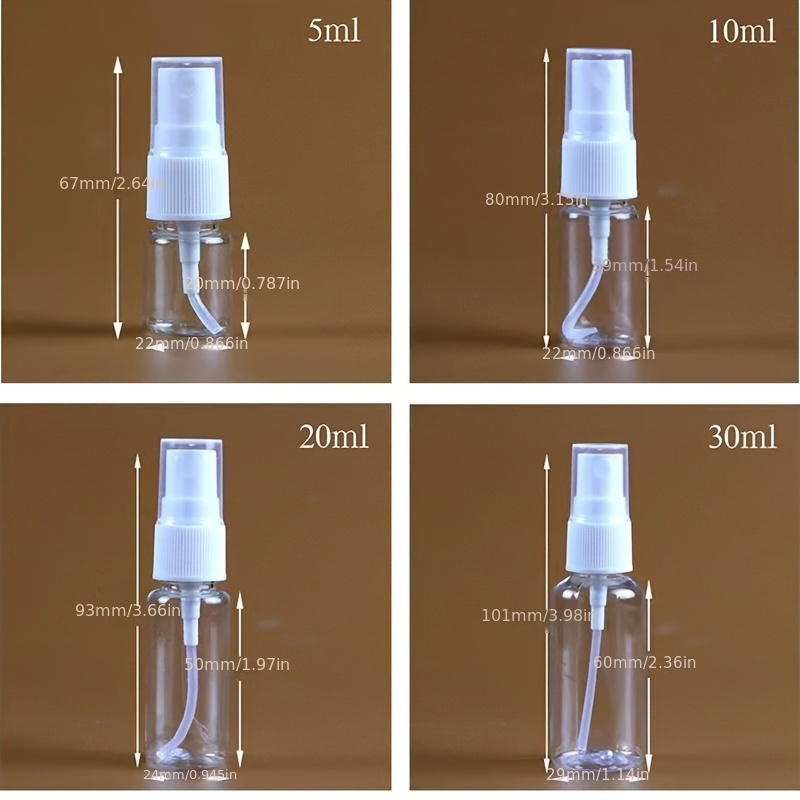 TEMU 4 Stück durchsichtige Sprühflaschen aus Kunststoff, verschiedene Größen (1,0, 1,1, 1,2, 1,4 mm), wiederverwendbare Feinsprühzerstäuber für