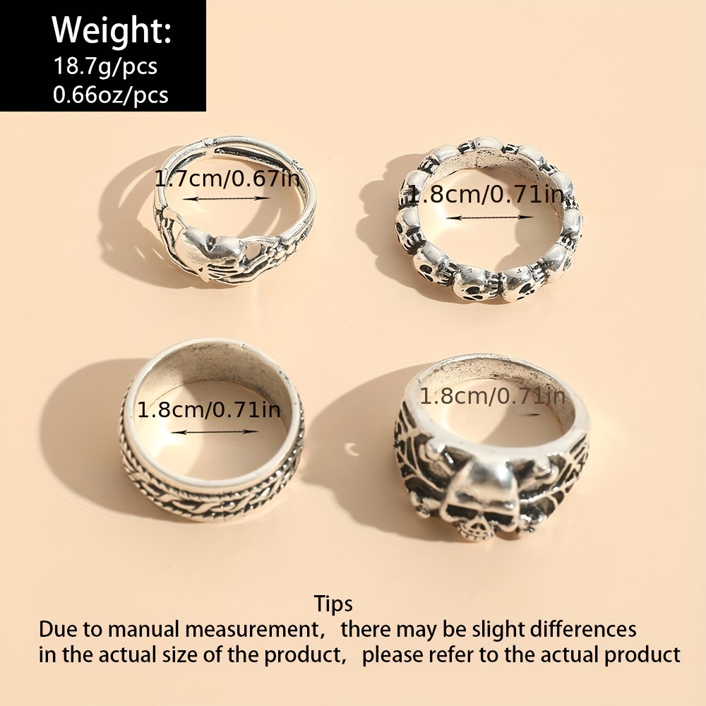 Hip Hop Style Skull Finger Ring Set, 4 Pcs