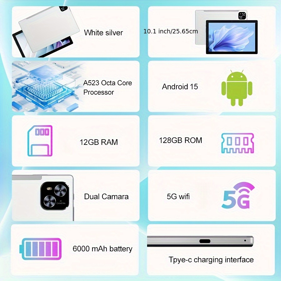10.1-inch Android 15 OS Tablet with Keyboard, Mouse, Drop Protection Case, Stylus (Available in Two Colors) 128GB ROM, 12GB 4GB+8GB Expandable RAM, Dual Cameras, Octa-Core Processor, 1280 * 800 IPS HD Display Screen GMS Tab, 5G Wi-Fi 6