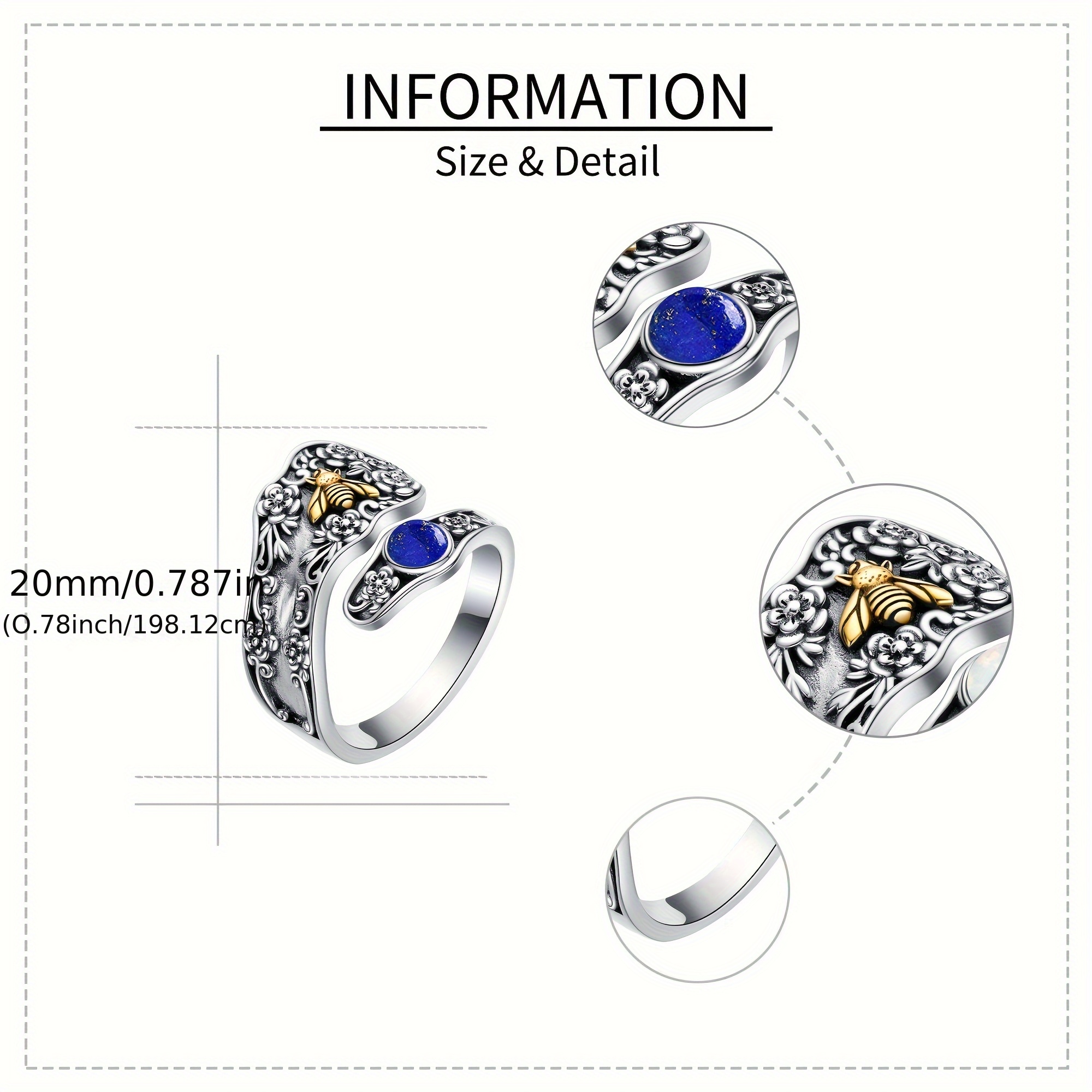 925 Silver Lapis Lazuli Ring Adjustable Spoon Rings for Women