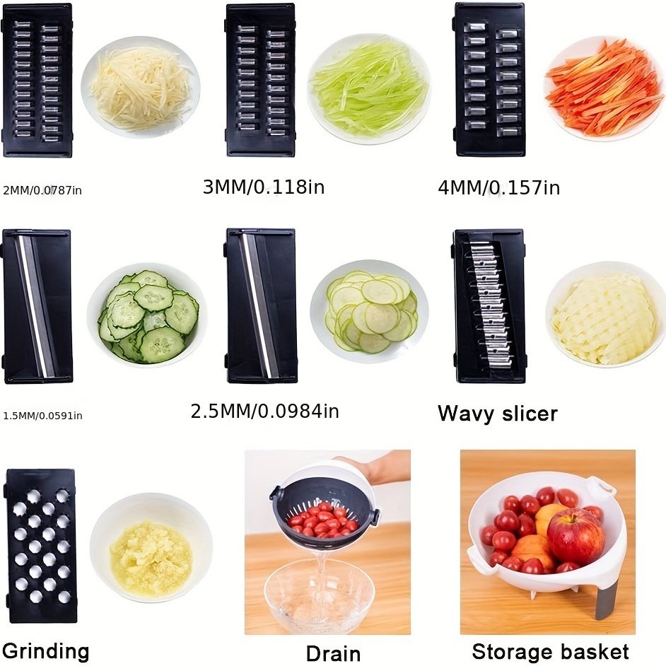 9- in- 1 Multifunction Magic Rotate Vegetable Cutter with Drain Basket,  Large Capacity Vegetables Chopper Veggie Shredder Grater Portable Slicer