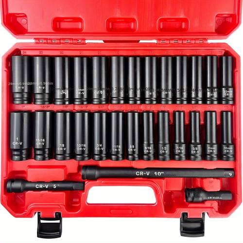 29pcs 1 2 socket set drive deep impact socket set including 3 impact extension bar standard sae 3 8 1 and metric 10mm 24mm cr
