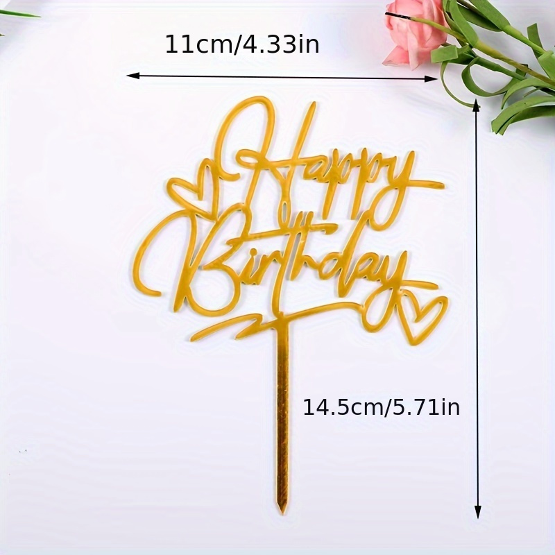 Gold Acrylic Cake Topper with Flower Design Happy Birthday Cake