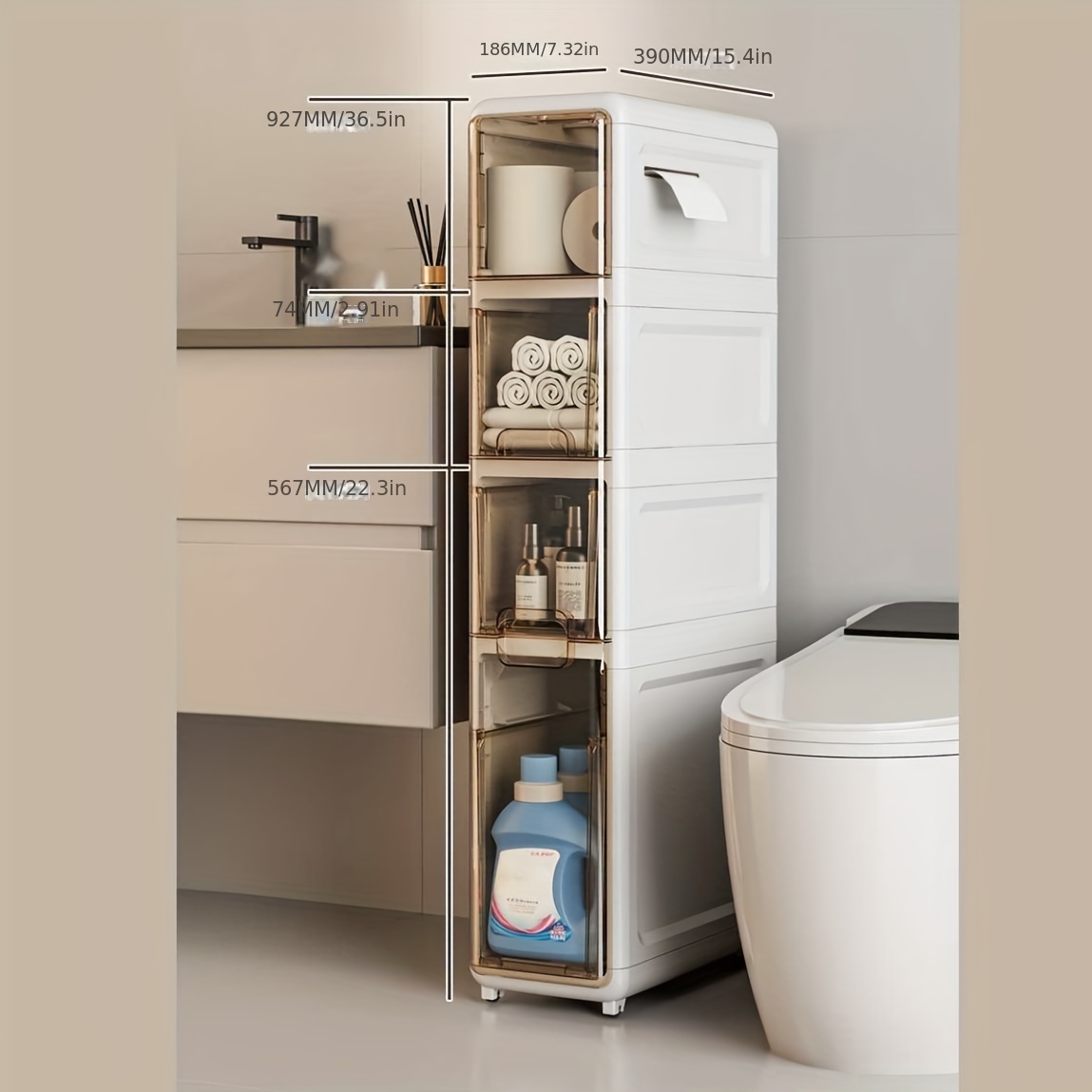 Armario de almacenamiento de baño pequeño, soporte de papel higiénico,  gabinete de tocador delgado de 2/3/4 niveles, organizador de gabinete de  baño