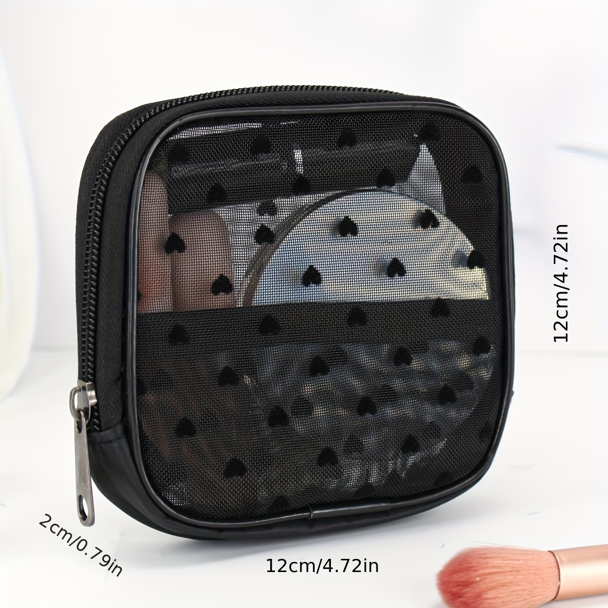 TEMU Chic Mesh Lipstick Bag With Heart Pattern, Portable Small Makeup Pouch, Storage Organizer For Home & Travel Use