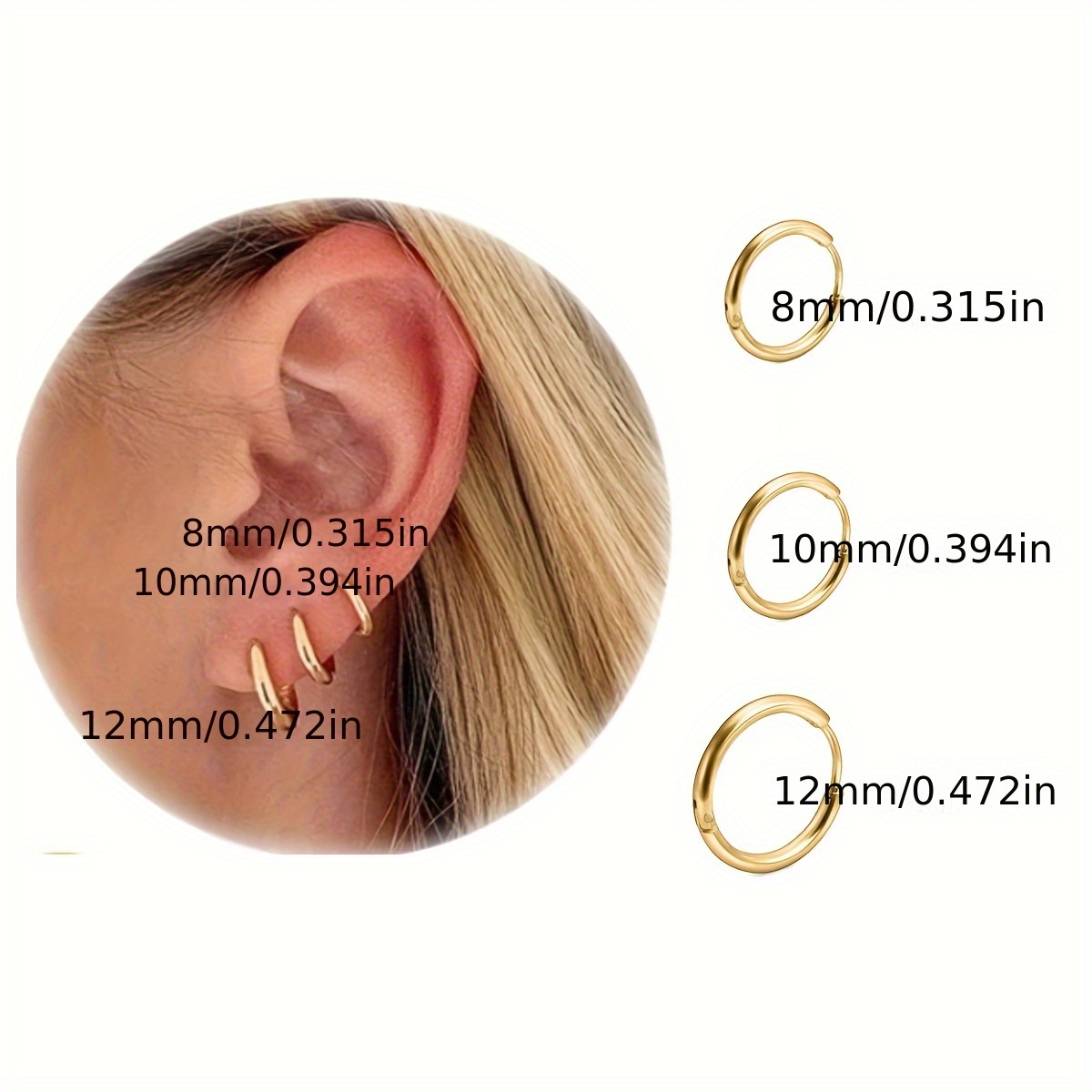 TEMU 6 Unidades De 8/10/12Mm Pequeños Pendientes De Aro Dorado Plateado Para Mujeres Hipoalergénicos Ligeros Pendientes Para Orejas Pendientes Para