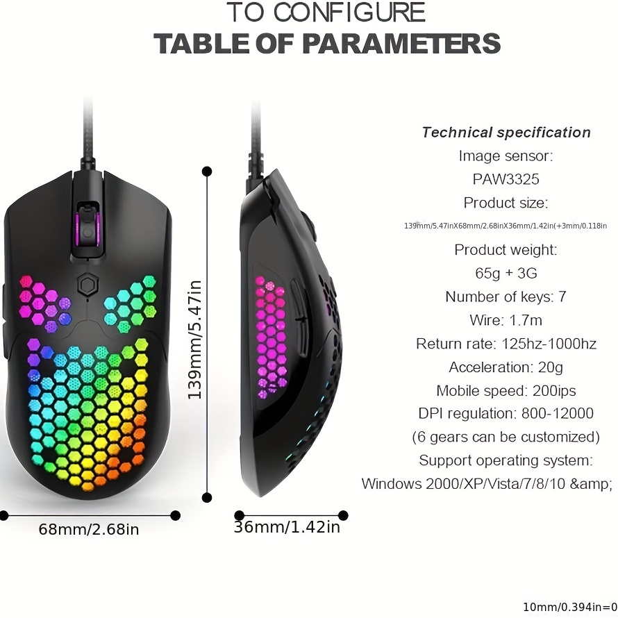 1 Souris De Jeu Filaire Légère 65 G, 26 Souris De Jeu USB Rétroéclairées  RVB Et Pilote Programmable À 7 Boutons, PAW3325 12 000 DPI, Avec Coque  Ergonomique Ultralégère En Nid D'abeille