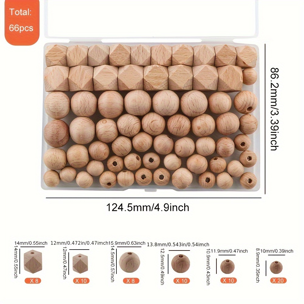 Image of 66pcs/box Combination Of Round Wooden Beads And Hexagonal Beads, Suitable For Manual, Keychain Pendant Decoration, Etc