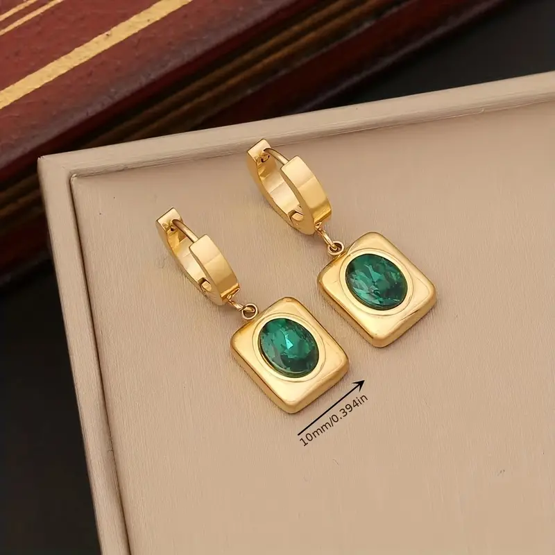 2ps golden stainless steel emerald zircon flat chain, 2ps golden stainless steel emerald zircon flat chain faux diamond necklace and earrings fashion trend design versatile retro decoration for men and women details 0