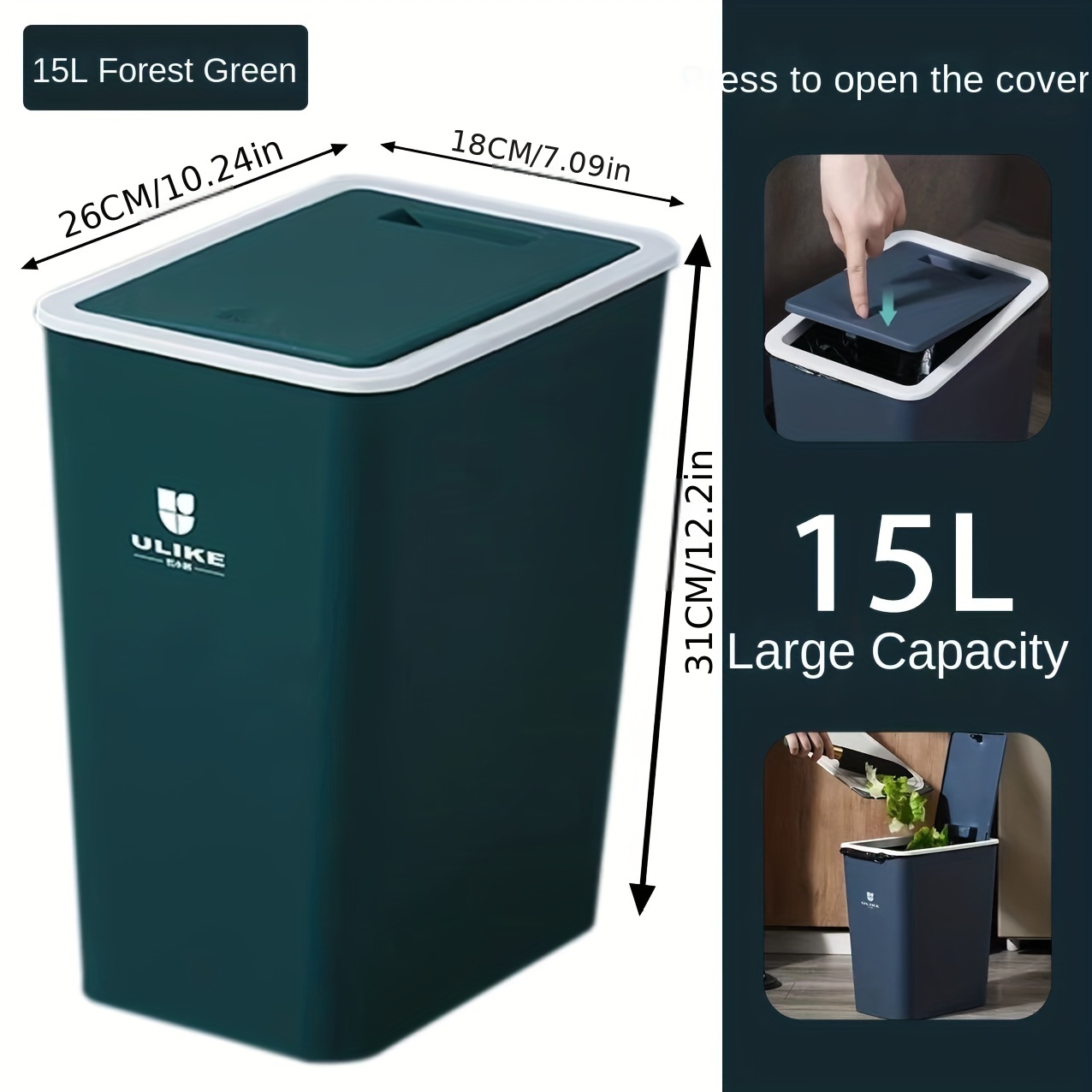 1pc 3.96gal Large Capacity Trash Can, Household Kitchen Living Room Bedroom  Office Sealed Garbage Can, Plastic Trash Can With Lid, Press-type Trash Ca