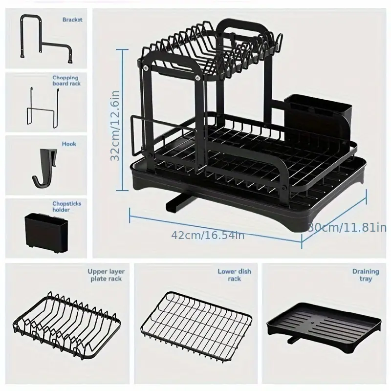 Support your kitchen with a spacious 2-tier dish drying rack, complete with a double dish rack, cup holder, cutting board, and black utensil organizer. Perfect for keeping your above sink kitchen countertop organized and efficient. détails 2