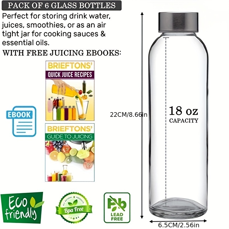 18 Oz Clear Glass Bottles With Lids, Natural Friendly , Reusable  Refillable Water Bottles For Juicing, Wide Mouth Liquid Storage Containers  For Refrigerator, Water Bottle Set Of 6