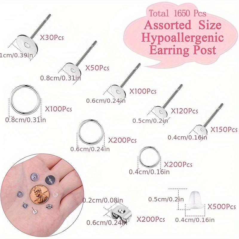 450PCS Gold Earring Posts and Backs,Hypoallergenic Earring Studs for  Jewelry Making,Stainless Steel Flat Pad with Butterfly and Rubber Bullet  Earring