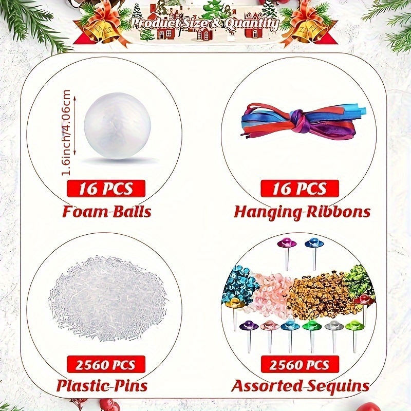 TEMU Christmas Craft Sequin Ornament Kit - 16pcs Pack Foam , Sequins, Ribbons, - Plastic, No Electricity Needed - Handmade Decorations, Art Supplies