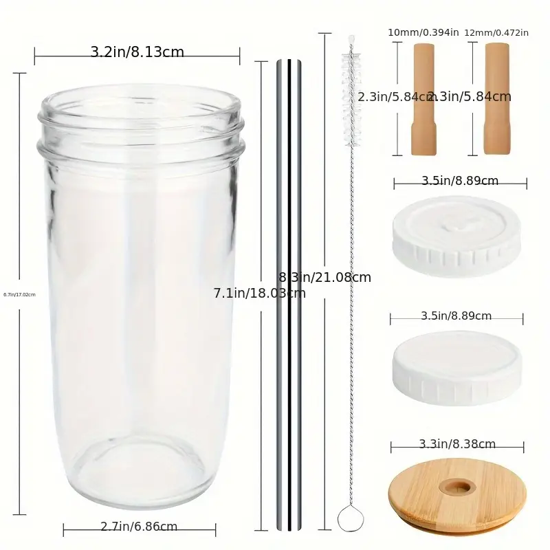 glass tumbler with lids and straws 2pcs 24oz glass drinking jars with lids and straws reusable wide mouth mason jar iced coffee cup smoothie cup coffee travel mug for graduation season Product details 1