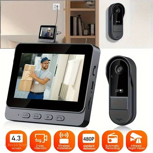 one portable 480p vision security doorbell with 4 3 inch hd screen two way audio infrared and elderly care usb charging rechargeable lithium battery