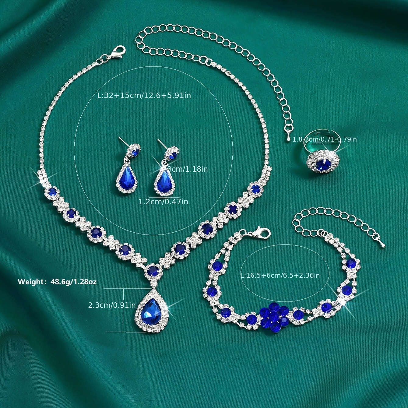 4件套高档水晶宝石水滴项链耳钉手链戒指套装，女士珠宝套装，适合婚礼配饰，派对，情人节礼物 商品详情 3