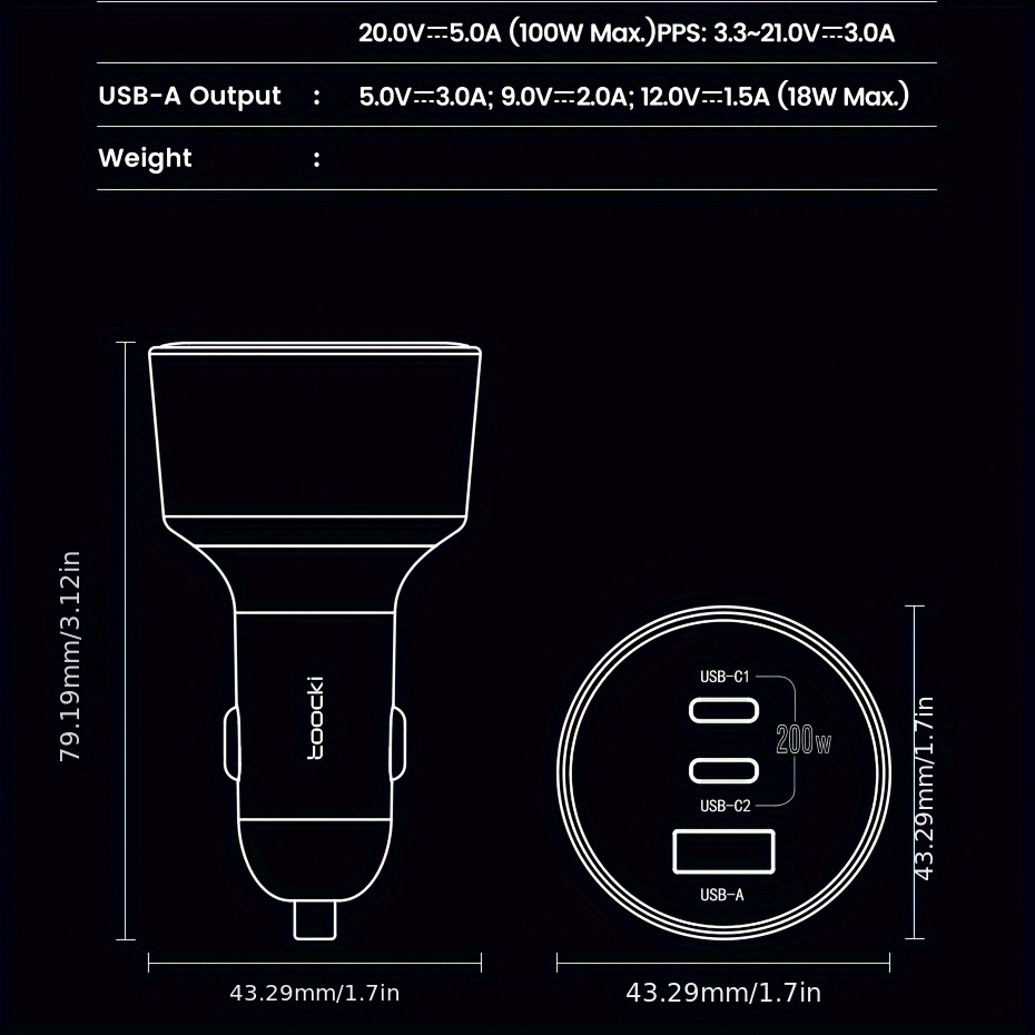 Toocki 200W (100W C1 + 100W C2) Chargeur de Voiture Rapide, 2C + 1USB Chargeur USB-C Rapide et Coloré, Compatible avec Téléphones Mobiles et Tablettes