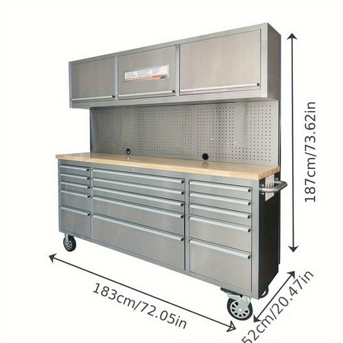 72 rolling workbench cabinet combo 15 lockable drawers wall mounted cabinets pegboard adjustable shelving multi use lockers rolling tool cabinet in black and stainless steel