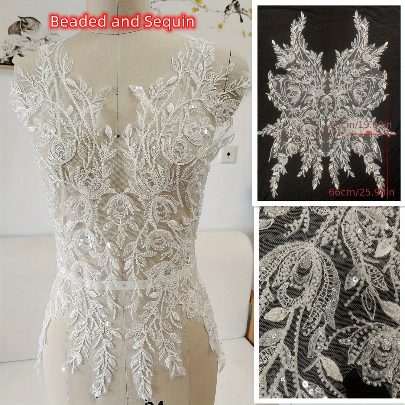 

Fabric Lace Applique, Beaded And Sequin Embellished Floral Computer Embroidery, Elegant Trim For Dress And Custom Wedding Gowns