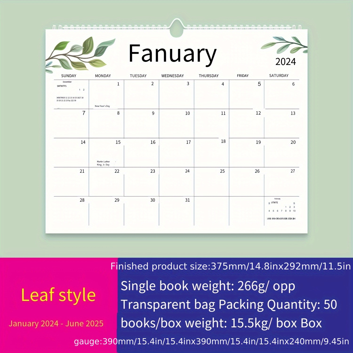 January 2024 - May 2025 Leaf Style Wall Calendar, Simple Calendar, Wall  Calendar, Home And Office Calendar
