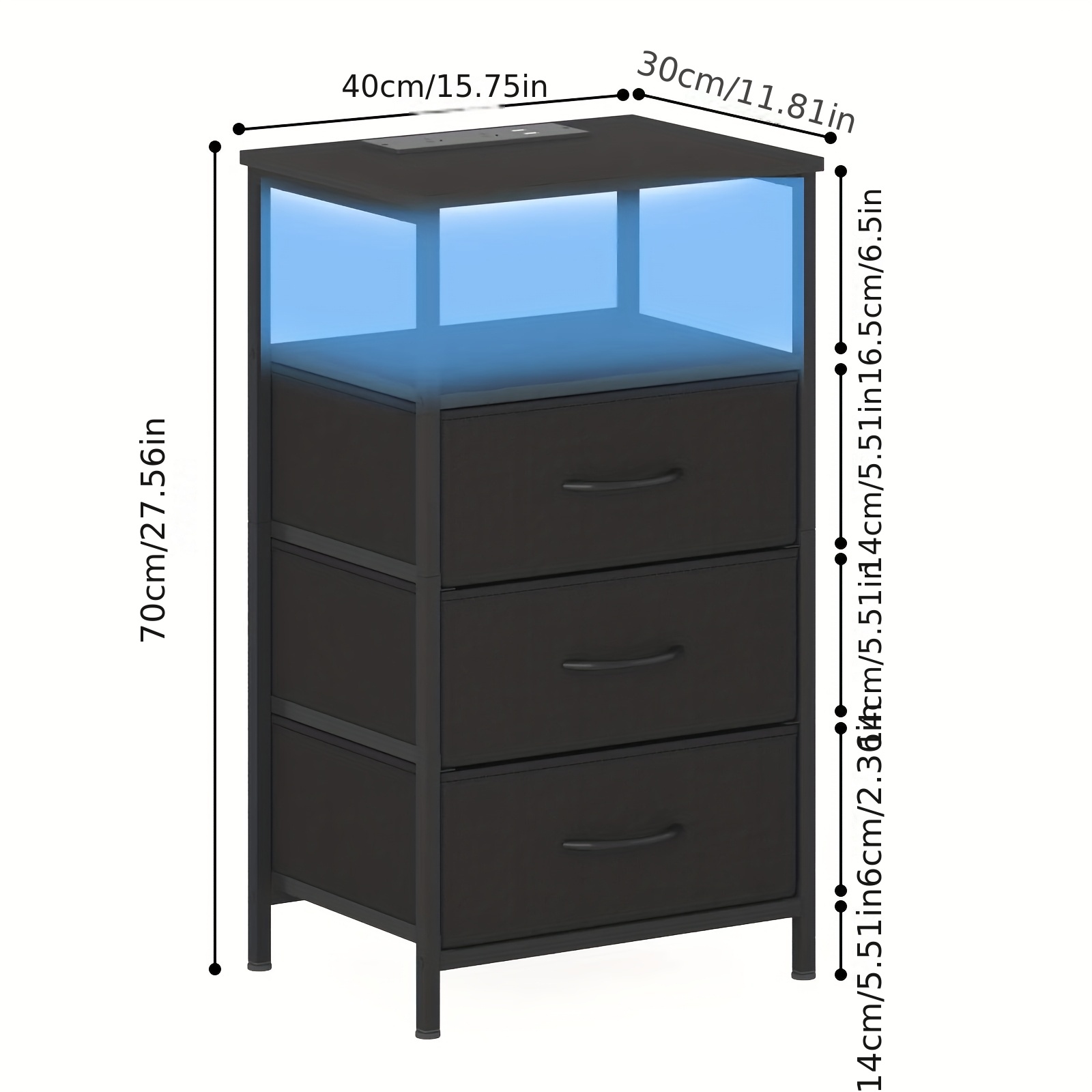 bedside   fabric drawers wooden tabletop led nightstand with charging station and usb port chest of drawers with storage shelf walnut   walnut Product details 8
