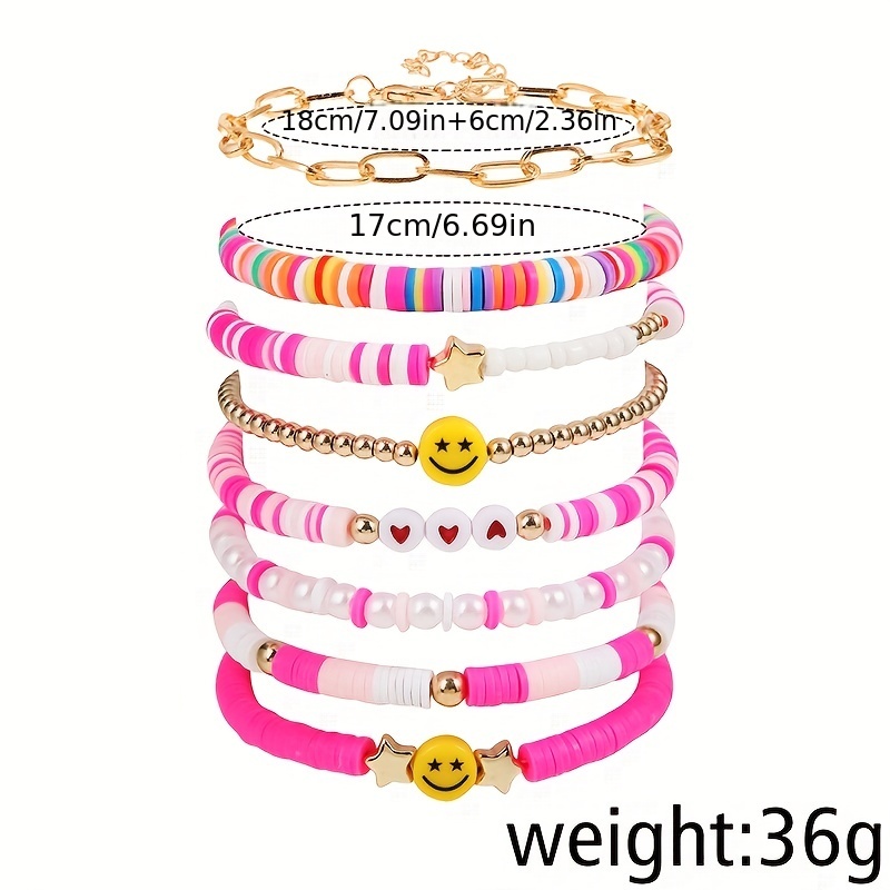 Women's Beaded Elastic Bracelet Color Smile Bracelet Set Y2k - Temu