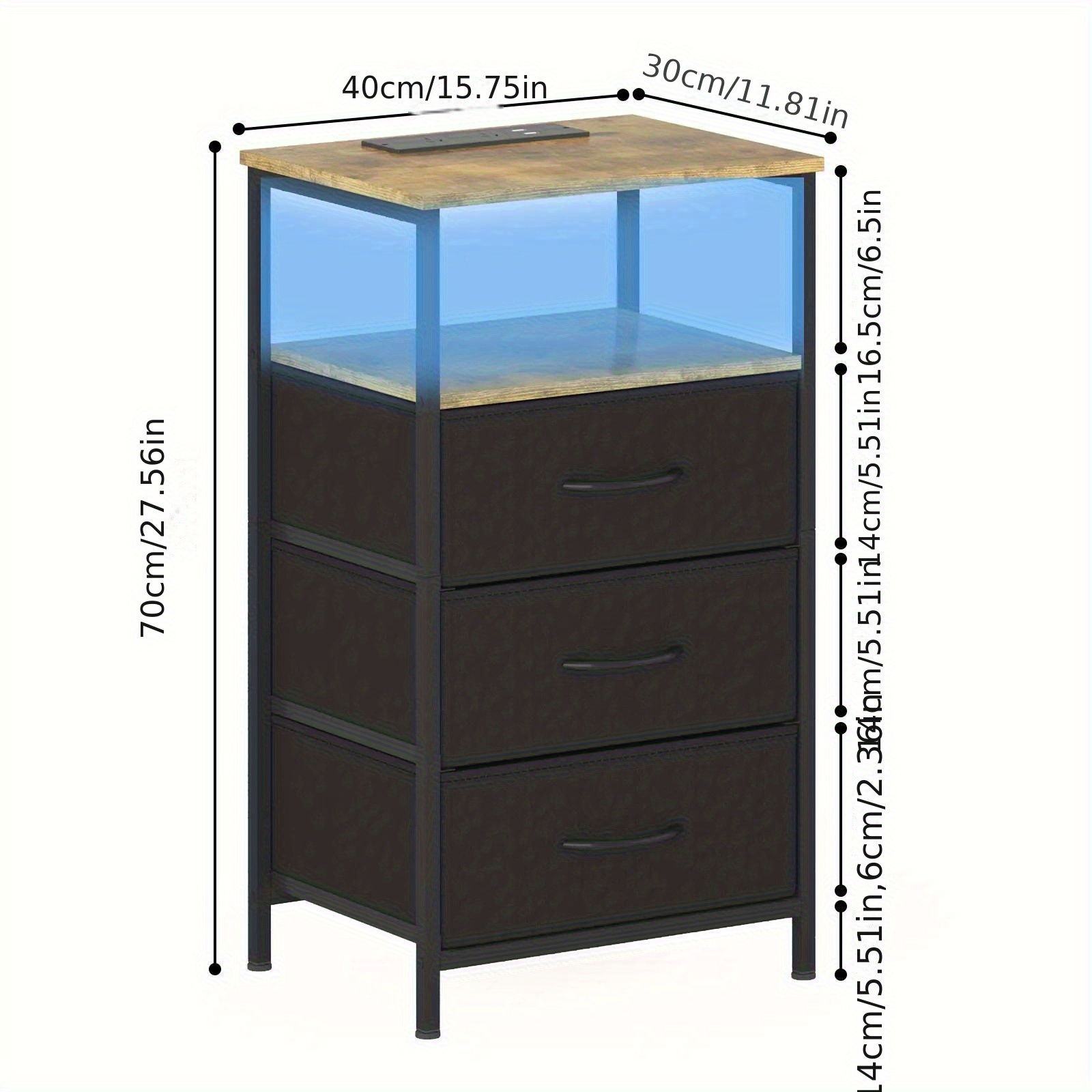 bedside   fabric drawers wooden tabletop led nightstand with charging station and usb port chest of drawers with storage shelf walnut   walnut Product details 7