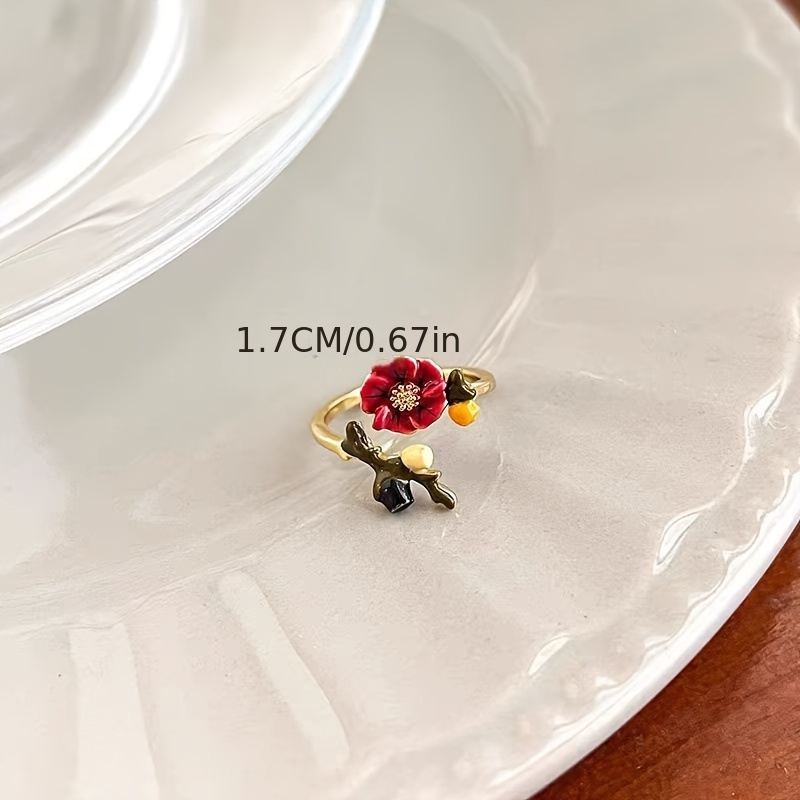 Vintage French-Style Enamel Floral Open Ring, Unique Design
