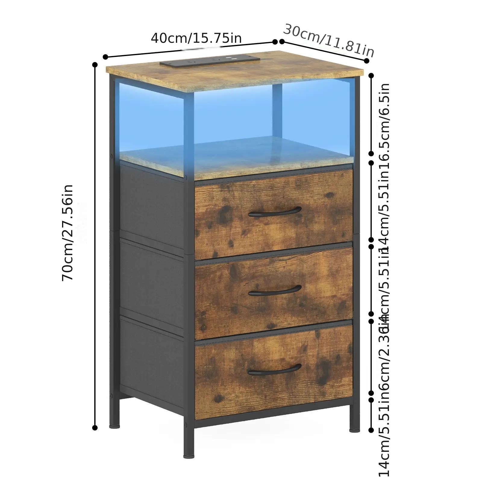 2pcs bedside   fabric drawers wooden tabletop led nightstand with charging station and usb port chest of drawers with storage shelf walnut Product details 4
