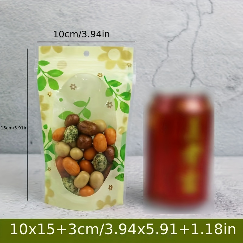 TEMU Printed Transparent Pouch Food Storage Bags Candy Packaging Bags Green Leaf Colorful Sealable Plastic Bags With Closure, 50pcs