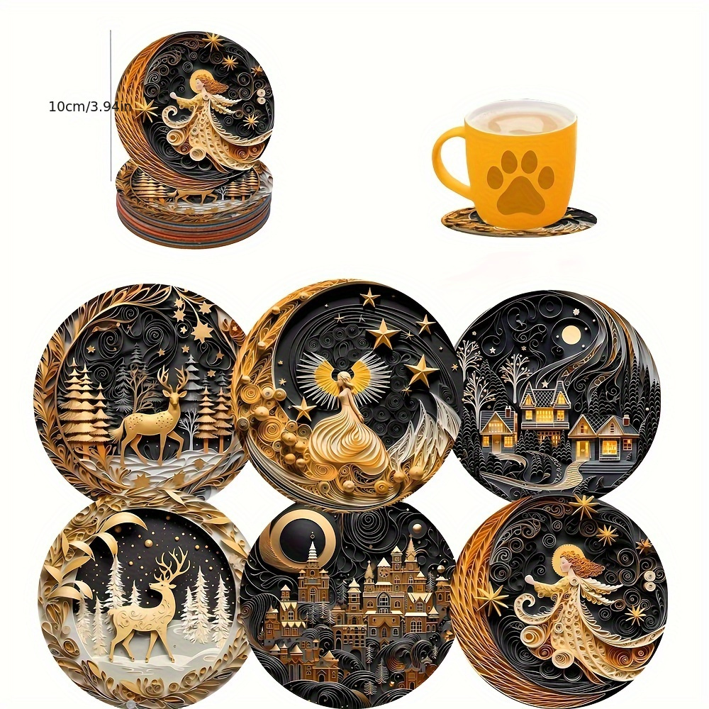 

6pcs Christmas Wooden Coaster Set - Heat-resistant, Festive Design For Cups, Home Use