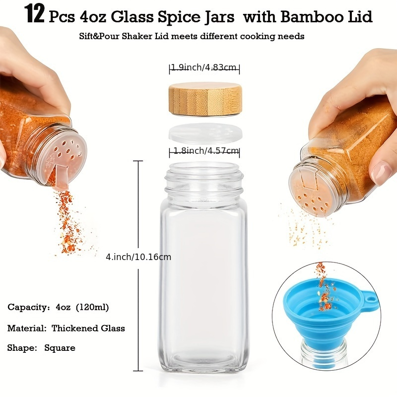 12-piece glass spice jars with spice labels empty square spice jars-shake  cup sealed metal lids-silicone collapsible funnel