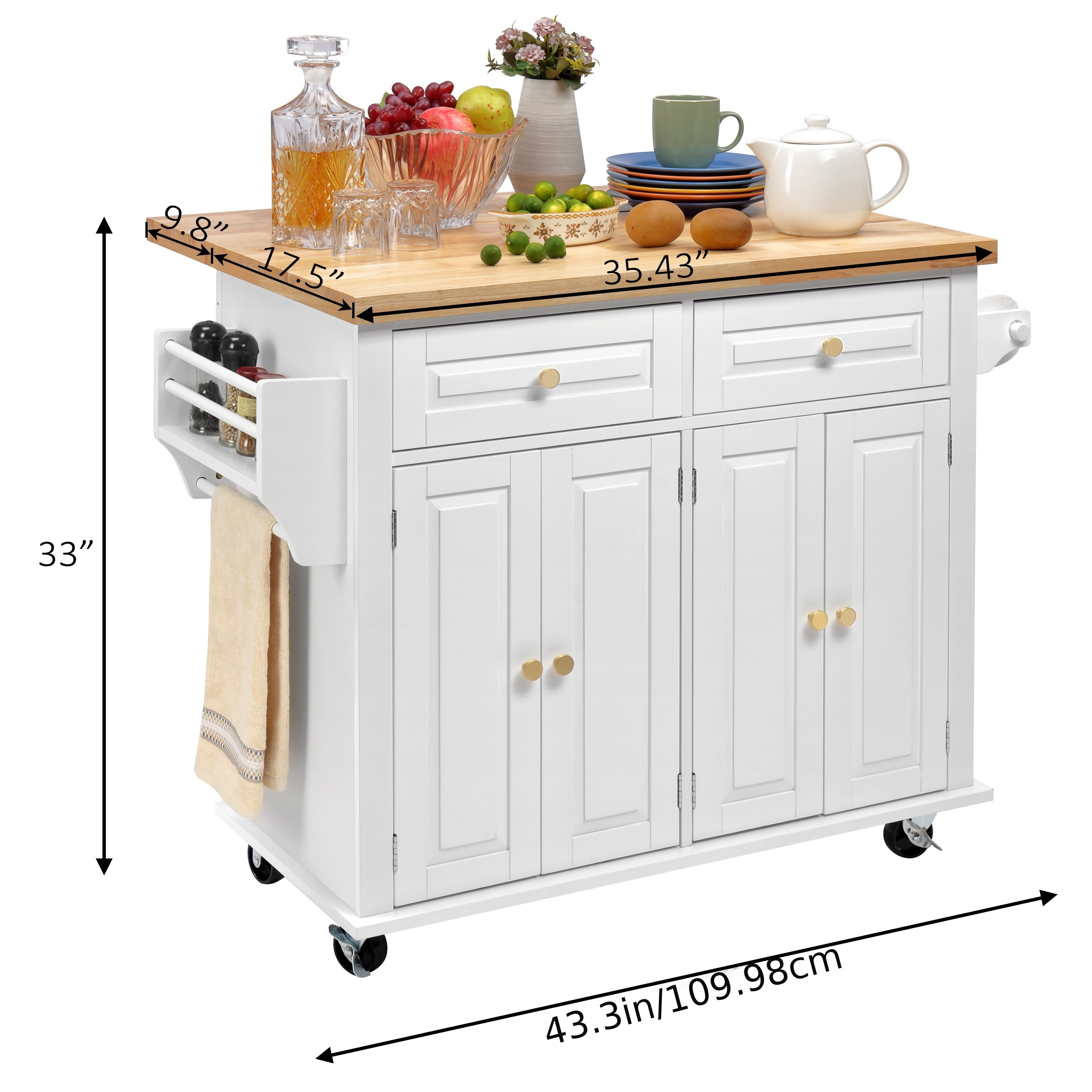 rolling kitchen island with drop leaf thicken rubberwood top spice rack towel rack drawer 43 3 portable mobile kitchen island carts table storage cabinet   wheels and feet