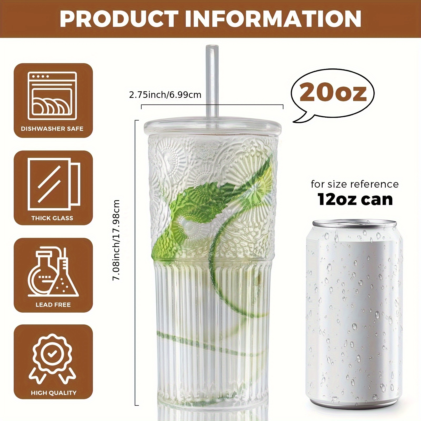 2 pack 20oz borosilicate glass cups with lids and glass straws clear vintage drinking glasses for coffee juice milk and water durable heat resistant glassware for   use Product details 4
