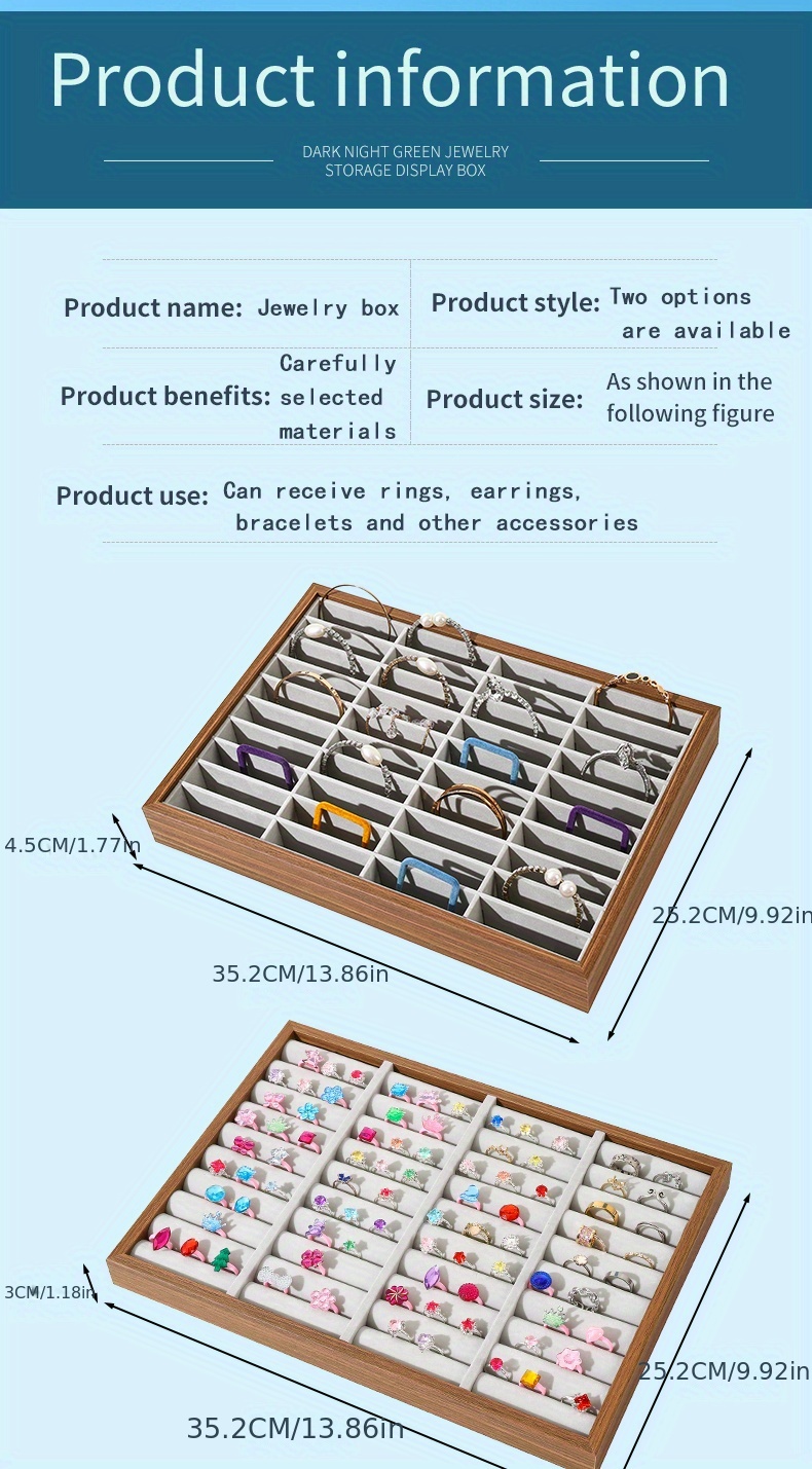1 шт. деревянная шкатулка для демонстрации браслетов, плюшевая шкатулка для демонстрации колец, шкатулка для хранения ювелирных изделий, большая вместимость, поднос для ювелирных изделий, подробности 5