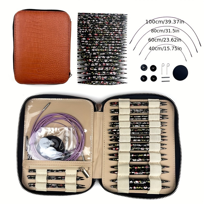 

13 Sizes Aluminum Circular Knitting Needles Set With Detachable Cables, Brown Pu Case - Interchangeable Crochet Needle Kit