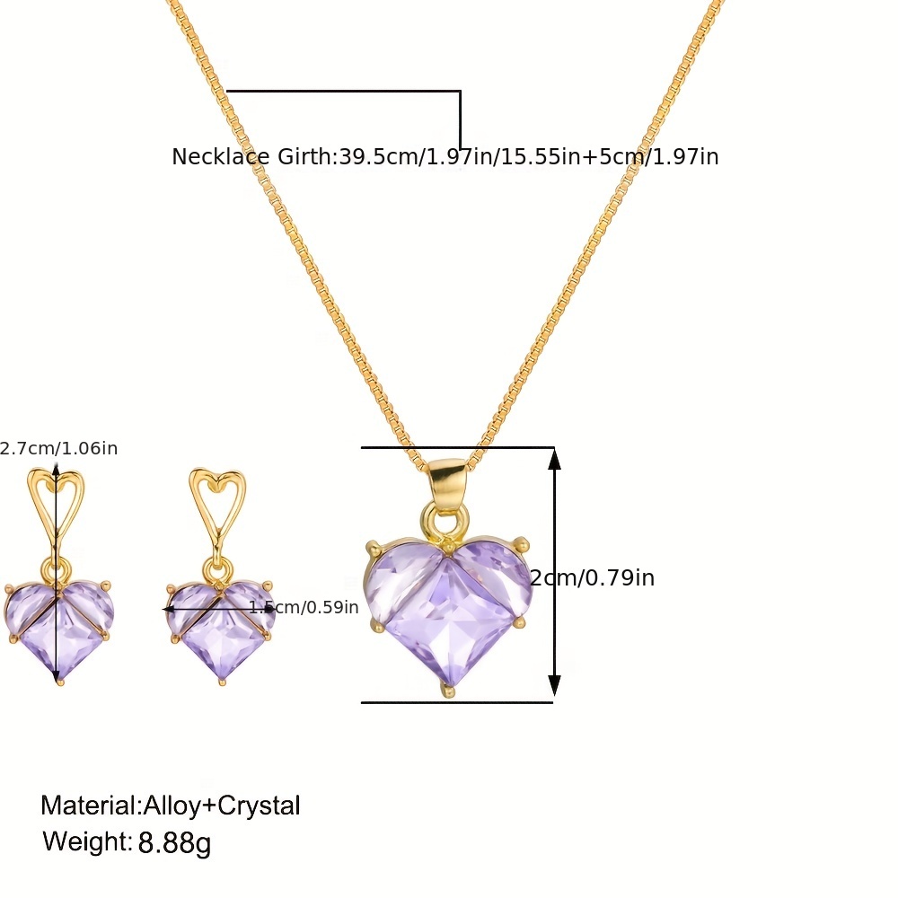 3pcs Shiny Purple Heart Zirconia Earrings Necklace Set, Elegant Party  Jewelry Birthday Gift For Teen Girls