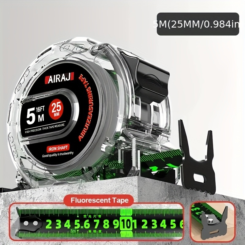 Image of Airaj Steel Measuring Tape - Fluorescent Tape Measure With High Contrast For In Dark - Durable Thick Retractable Measuring Tape, Easy To Read, Ideal For Carpenters