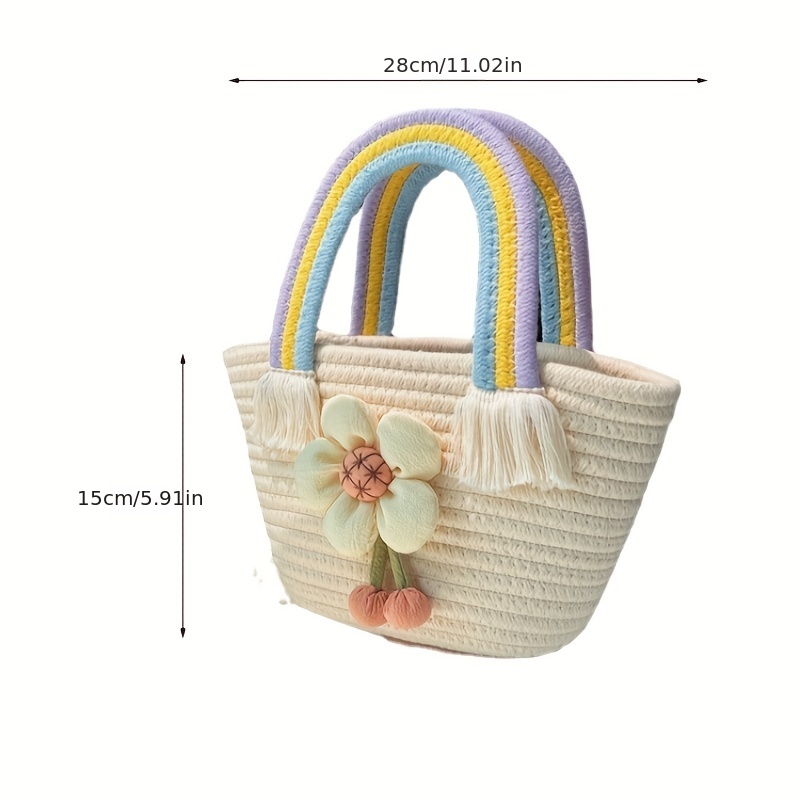 Puff Floral Decor Handabg Double Rainbow Handle Straw Beach Bag
