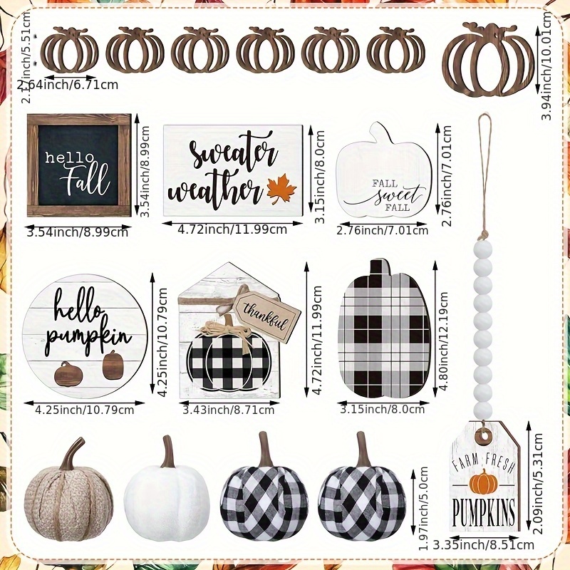 TEMU 18 Autumn Thanksgiving Layered Tray Decoration Set, Pumpkin Leaf Buffalo Checkered Wooden Plaque Countryside Farmhouse Tray Decoration Desktop Logo Autumn Home Kitchen Festival