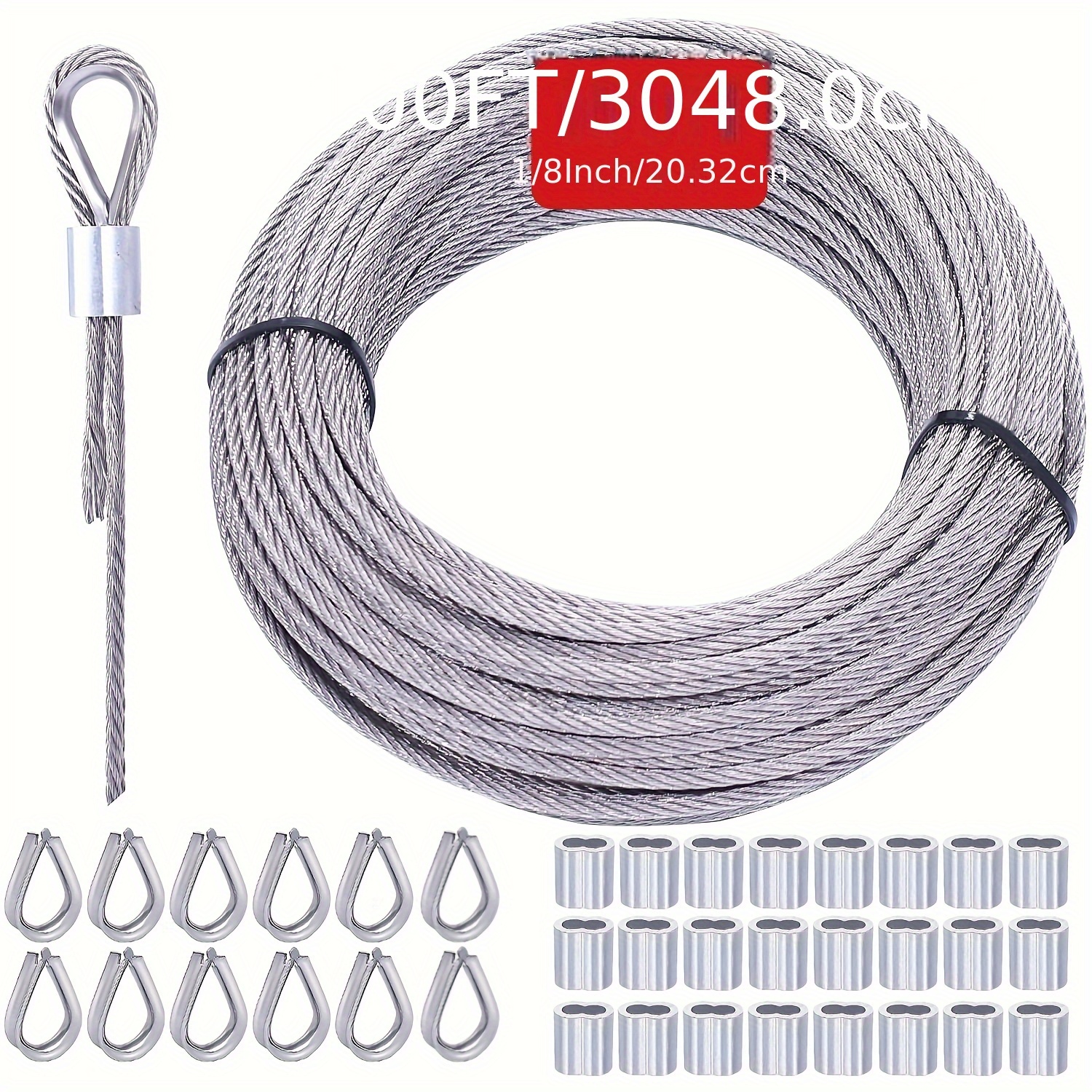 TEMU Werhoo 1/8" Wire Rope, 304 Stainless Steel Cable With 24pcs Wire Rope Crimping Loop Sleeves And 12pcs Thimbles, 7x7 Strands Wire Rope For Deck