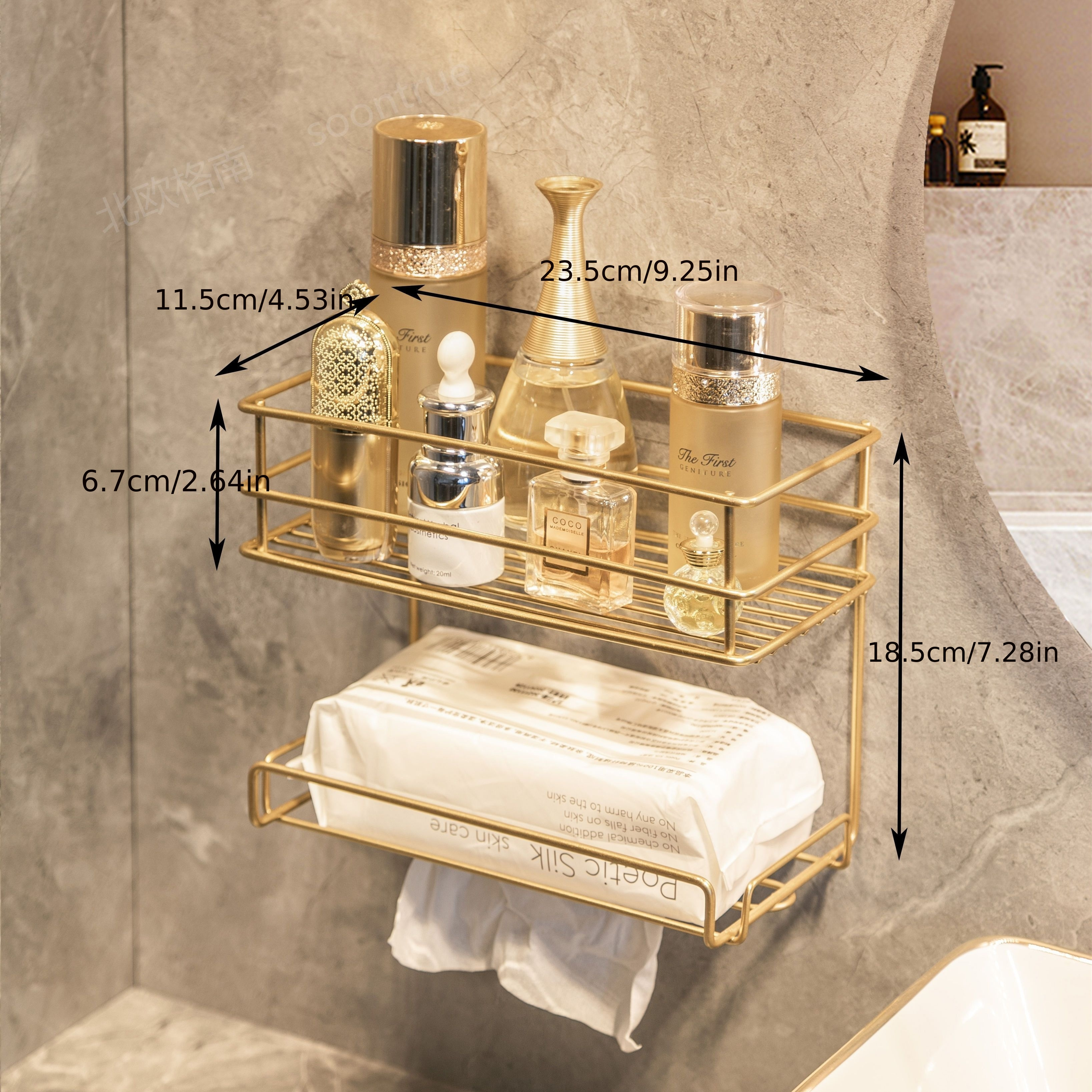 Image of 1pc Bathroom Tissue Holder, Double-layer Design, Metal Frame, Can Hold Paper Towels, Face Towels, Cosmetics, Skin Care Products, Used In Bathroom, Kitchen, Bedroom